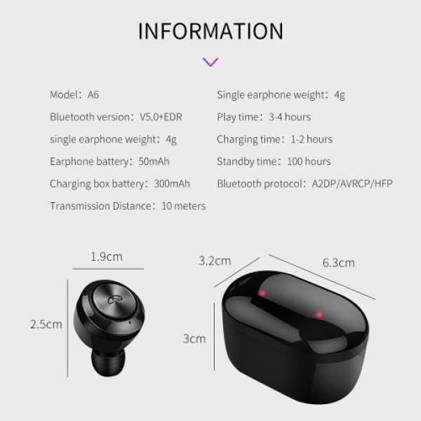 A6 True Earphones BT 5.0 Wireless Stereo Headset S...