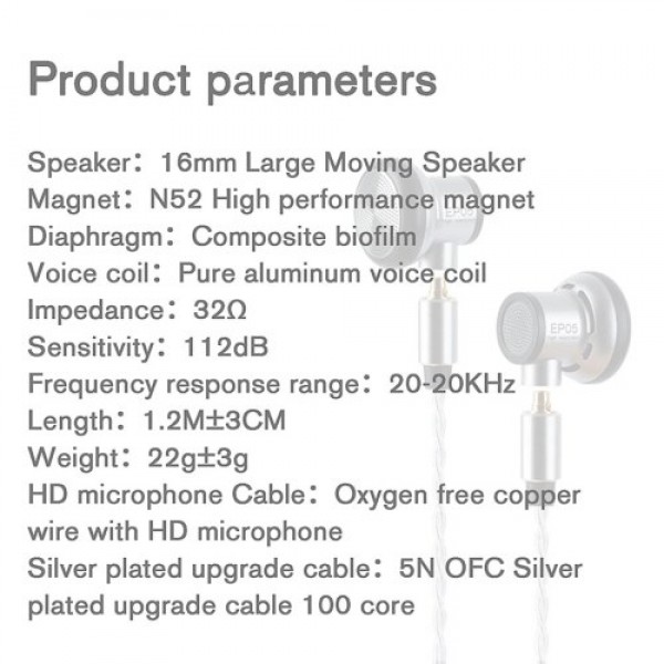 EP05 Earphone 16mm Driver High Resolution 5N High Purity OFC Headset Flat Head Earbuds MMCX Replaceable Cable