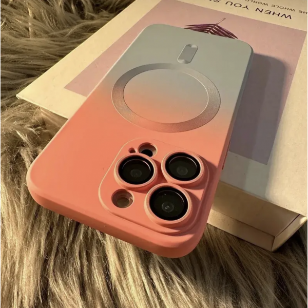 iPhone 14 Plus Precision Hole Lens Case Gradient Magnetic Liquid Silicone Case Pink